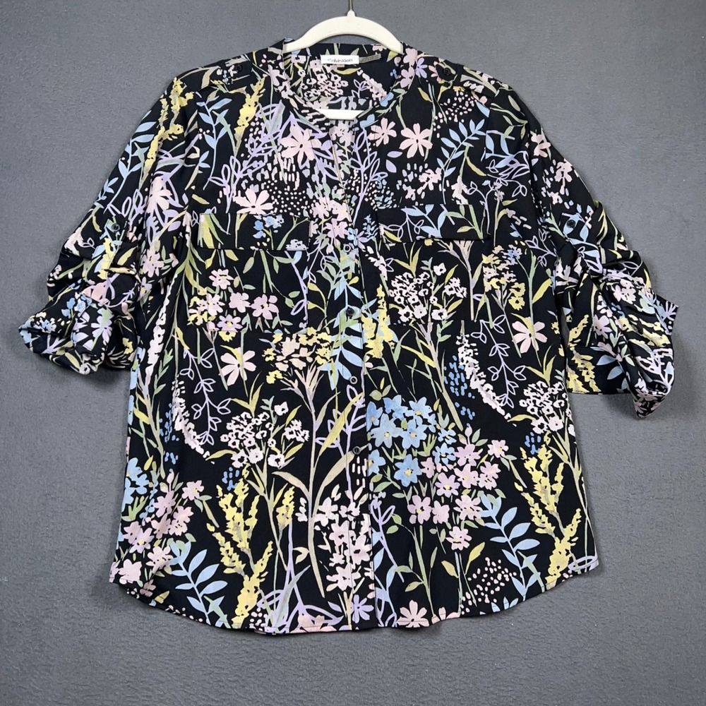Calvin Klein Blouse Womens S Black Floral Roll Tab Sleeve Button Up Top Pocket